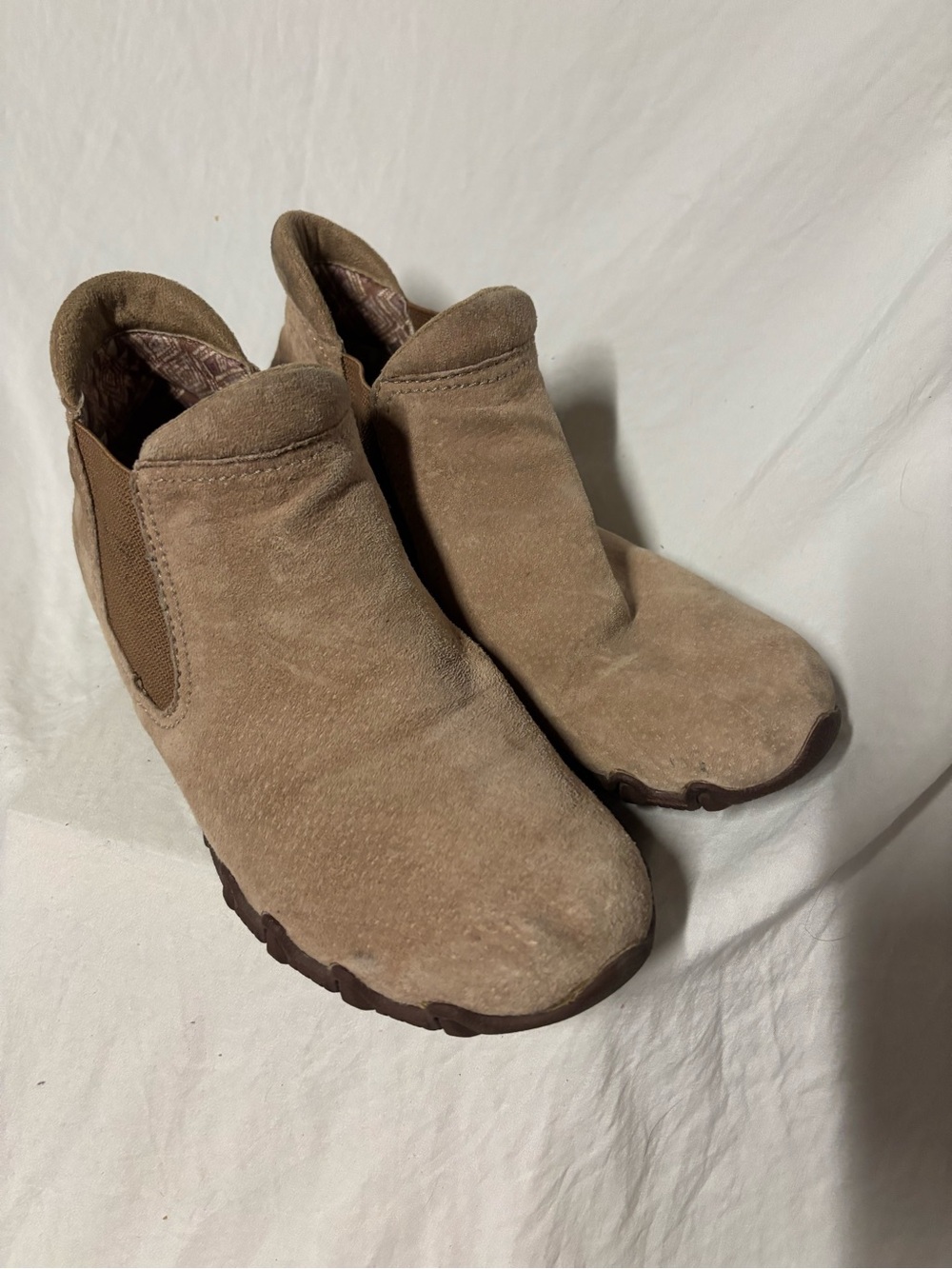 Skechers Suede Slip-On Ankle Bootie Walking Shoes with Cushions in Taupe